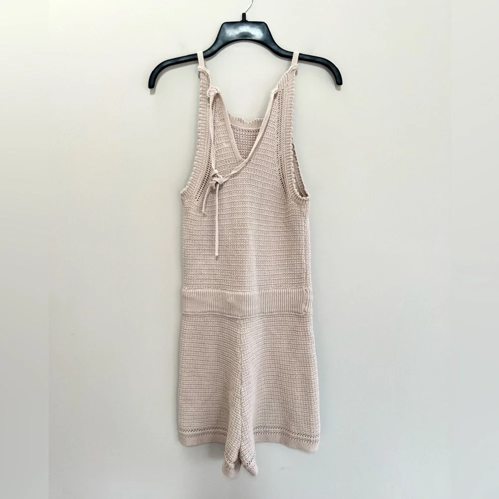Mable Erika Tie Back Knit Crochet Cotton Sleeveless Boho Romper Beige Tan, Small